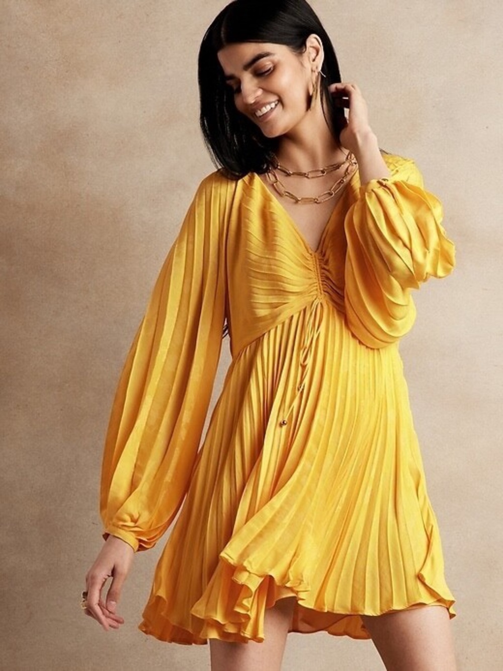 Banana Republic Yellow Petite 00 Pleated Chiffon Mini Dress Garden WeddingParty